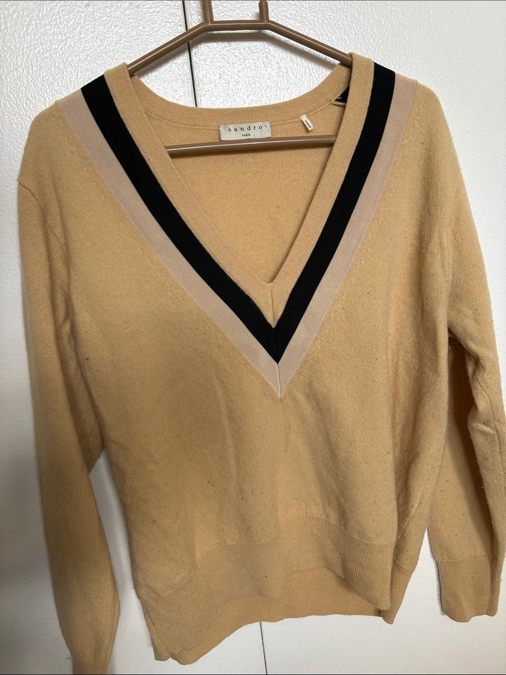 Sandro Mustard V-Neck Sweater with Black and Beige Stripes